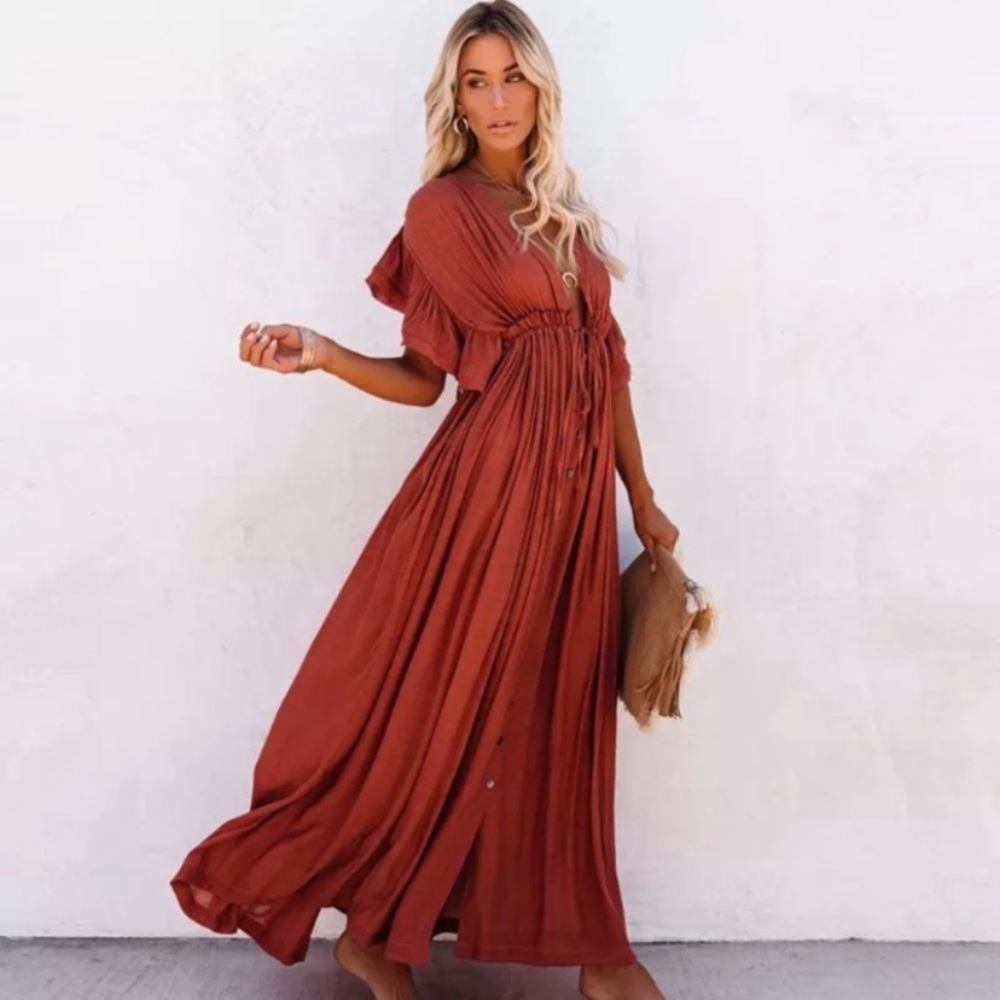 SOLD OUT Red Gauze Boho Button Maxi Coverup Dress - Picture 10 of 10